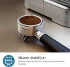 Philips Barista Brew Halbautomatische Espressomaschine - Einfacher & doppelter Espresso + Americano Taste, 250g Bohnenbehälter, Intuitive Führung, Kalibriertes Stampfen, Metall Silber (PSA3218/01)