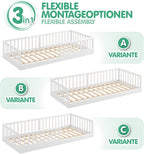 CADANI Timi 2in1 Bodenbett 140x200 cm Montessori Kinderbett mit abnehmbaren Rausfallschutz inkl. Lattenrost, Kiefer Massivholz, weiß - 3 Aufbauvarianten, bis 200 kg belastbar, umbaubar
