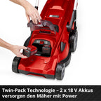 Einhell Akku-Rasenmäher RASARRO 36/42 Kit Power X-Change (36V, 42 cm Schnittbreite, bis 725 m², Brushless, 50L Fangkorb, Mulchfunktion, inkl. 2x 5,2Ah + 1x Twincharger)