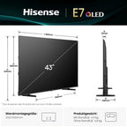 Hisense 43E7Q Fehrnseher, 43 Zoll, 4K UHD QLED, Smart TV, Game Mode Plus, Filmaker Mode, Dolby Vision Atmos, HDR10, HLG, HDR Immersive, AI 4K Upscaler, Dolby MS12, DTS X, Sprachsteuerung [2025]