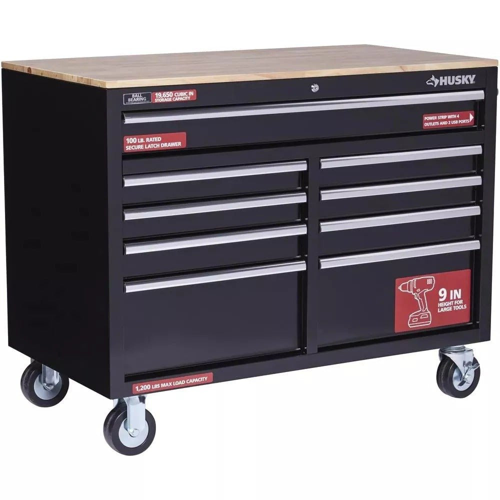 46 Zoll B x 24 Zoll T, tiefer Werkzeugkasten mit 9 Schubladen, glänzend schwarz, mobile Werkbank