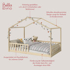 Bellabino Kinderbett Bia 140x200 cm, Hausbett Kinder inkl. Rausfallschutz und Rolllattenrost, Montessori Bodenbett weiß aus Massivholz Kiefer