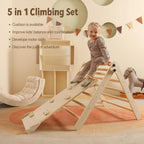 Dreieck-Set mit Kissen, 5-in-1 Montessori-Kletterset, faltbar, Kletter-Indoor-Spielplatz-Set für Kleinkinder, Holz-Kletterspielzeug mit Rampe und Kletterbogen für Kinder (Holzfarbe)