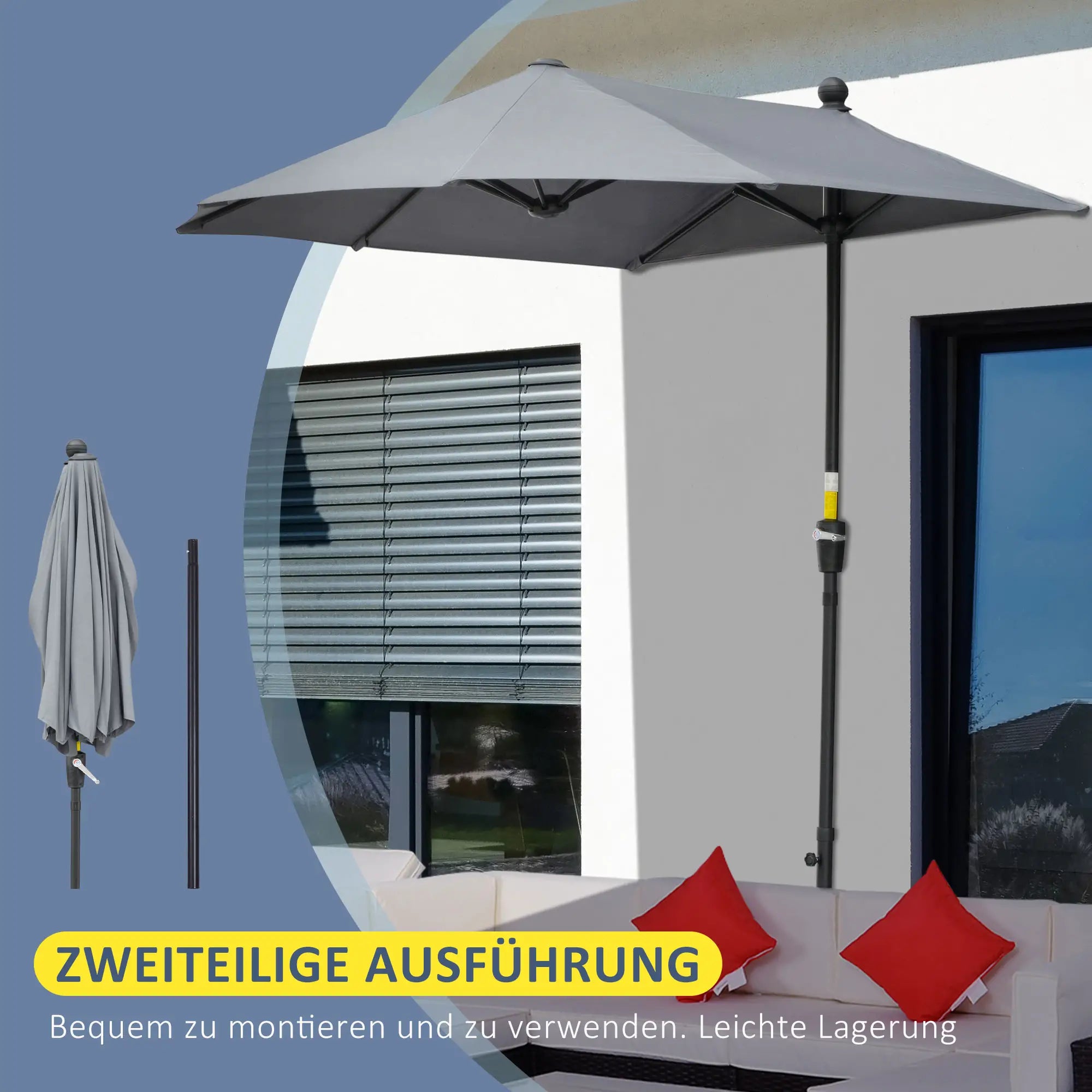 Outsunny Halbrundschirm Sonnenschirm mit Handkurbel Belüftung