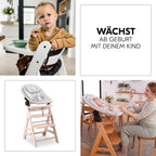 hauck Hochstuhl Beta+ Newborn Set Eco Bouncer - mitwachsender Holz Babyhochstuhl ab Geburt, inkl. Neugeborenenaufsatz, Sitzpolster und Essbrett - Dark Grey