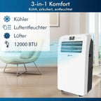 KLIM AC12000 | Leistungsstarke und Leise Mobile Klimaanlage mit 12.000 BTU + NEU 2024 + mit Integrierter Entfeuchtungsfunktion, Ventilator und Kühlmodus + Fernbedienung + 5 JAHRE SCHUTZ