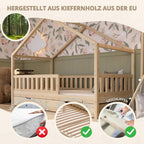 Crazy Pine Hausbett mit Schubladen 200x90 cm – Kinderbett aus Naturholz mit Rausfallschutz – Montessori Bodenbett mit zusätzlichen Stauraum und und Abnehmbarer Barriere - Crazy House