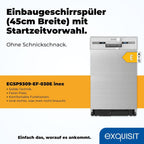 Exquisit Geschirrspüler, Spülmaschine, 45 cm Breite, Teilintegriert, 9 Maßgedecke, 9 Liter, Startzeitvorwahl, ECO-Modus, Geschirrspüler 45 cm, EGSP51009-EB-030E inox