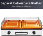 KLAMER Elektrogrill, antihaftbeschichtete und abnehmbare Duo-Platten, separate Temperatureinstellung, 5 Grillstufen, mit Wind-/ Spritzschutz & Auffangschale