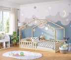 Bellabino Kinderbett Bia 140x200 cm, Hausbett Kinder inkl. Rausfallschutz und Rolllattenrost, Montessori Bodenbett weiß aus Massivholz Kiefer