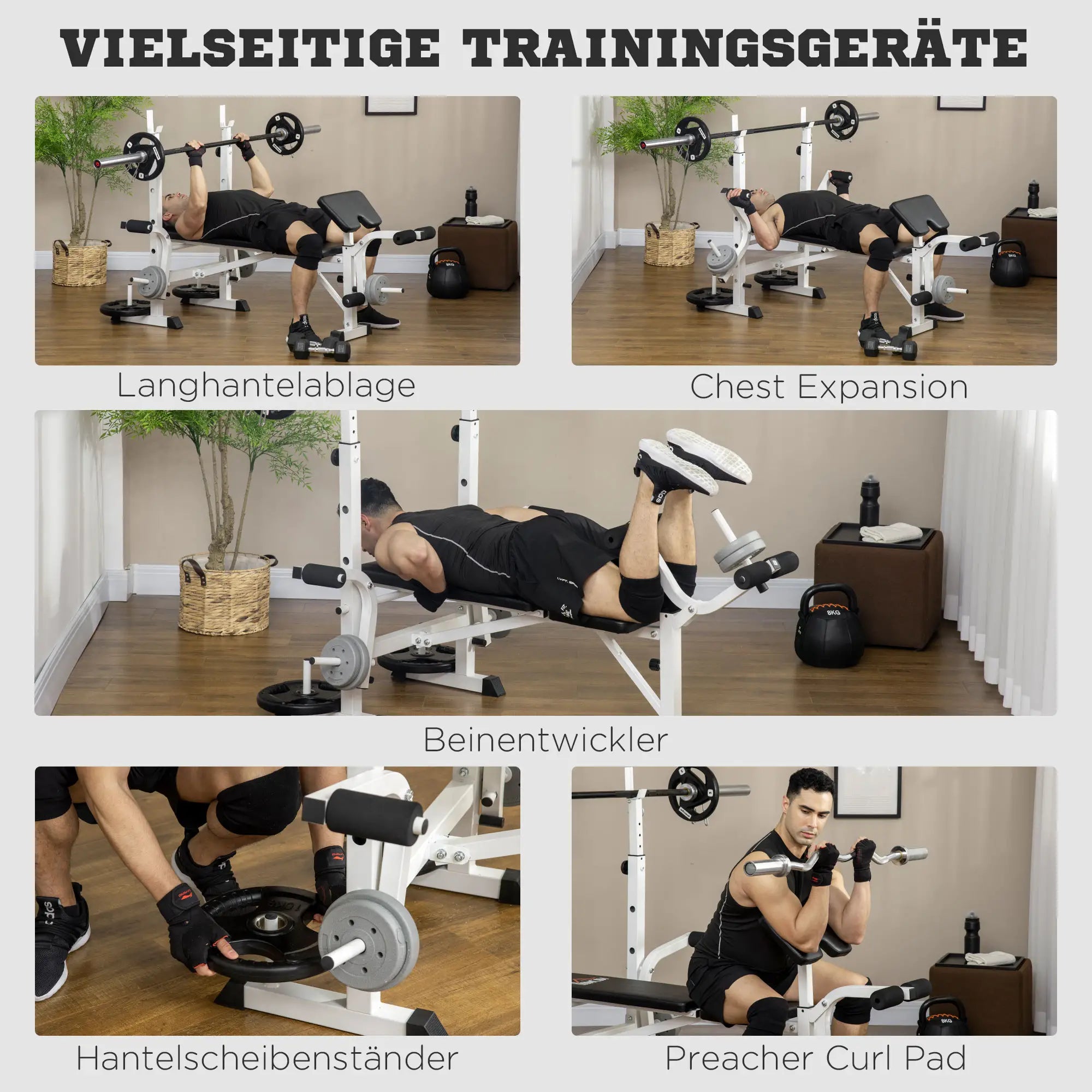 HOMCOM Trainingsbank höhenverstellbar mit Beinpresse und Bizepscurl