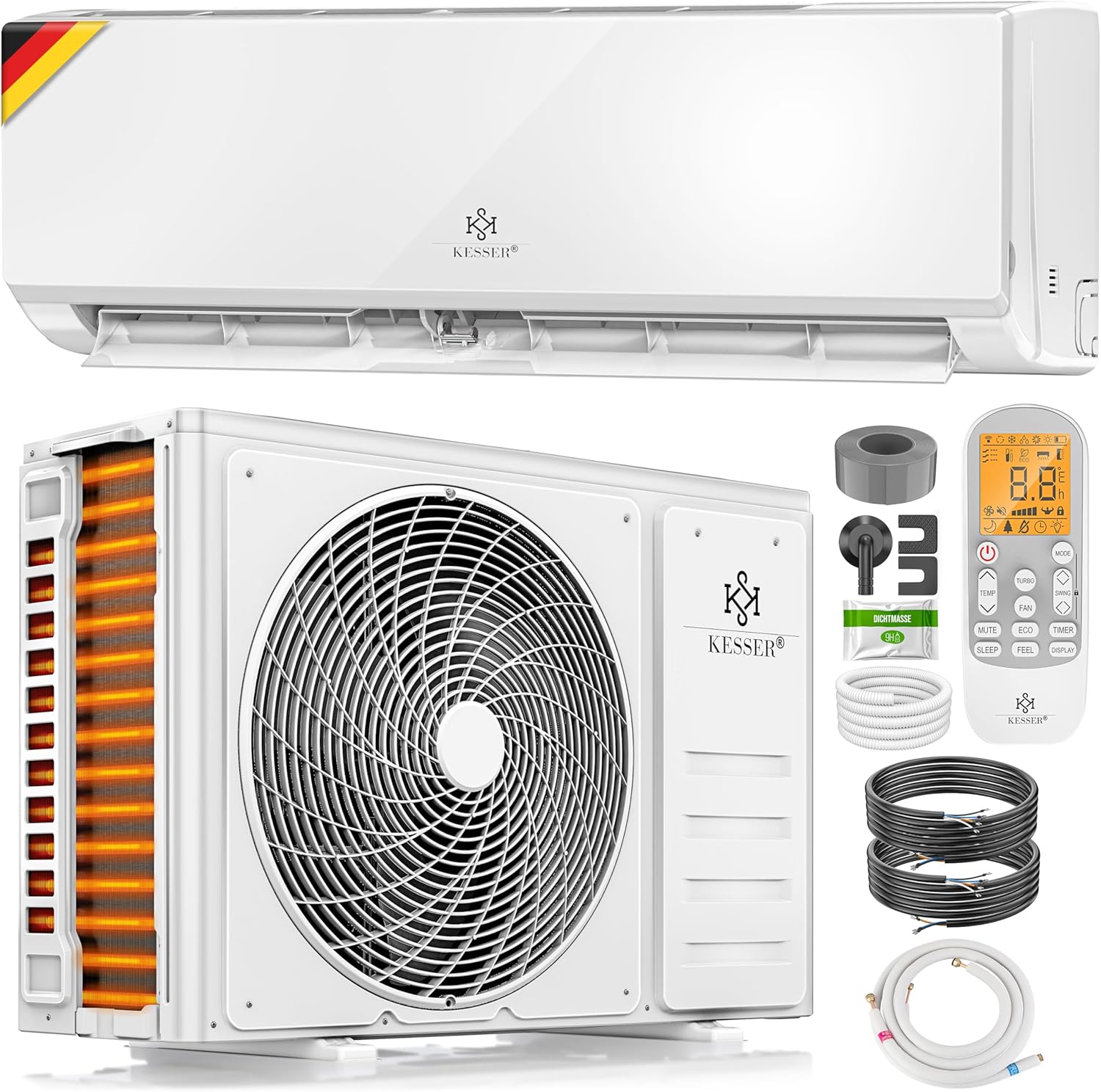KESSER® Klimaanlage Set Split - mit WiFi/App Funktion Klimagerät - Kühlen A++/ Heizen A+ - 9000 BTU/h (2.600 Watt) Kältemittel R32 - Fernbedienung, Timerfunktion - Inkl. komplettem Montagematerial