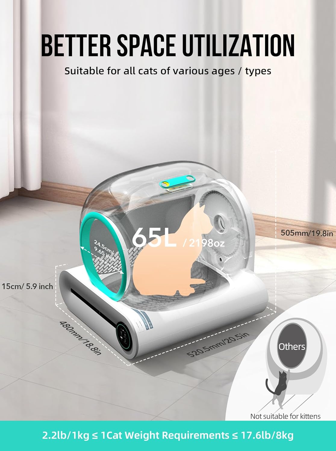 Selbstreinigende Katzentoilette, Automatische Katzentoilette mit Matte und Einlagen, 65 l + 9 l große Kapazität, Selbstreinigende Katzentoilette, App-Steuerung/Geeignet für mehrere Katzen – Grau