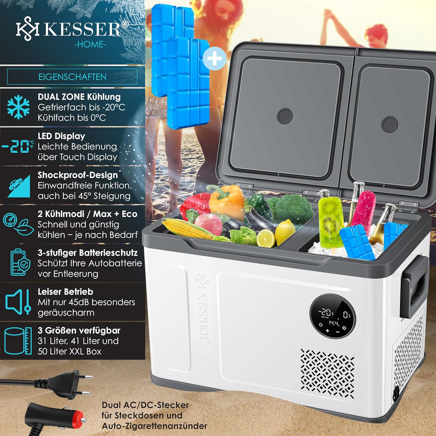 KESSER Kompressor Kühlbox 2in1 Doppelzone Kühl & Gefrierfach elektrische Gefrierbox mit 2x Kühlakkus & LED-Touch-Bedienung | Kühlschrank Kühlung bis -20 °C für Camping, Auto, Lkw 12/24V 230V