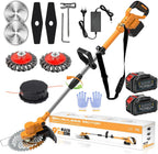 Akku Rasentrimmer mit Akku und Unkrautbürste 4 in 1 Freischneider mit Unkrautbürste 21V Bürstenloser Freischneider, Elektro Motorsense mit 2 Akku 4.0Ah und Ladegerät Teleskop, Verstellbarer, Orange