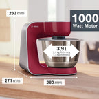 Bosch Küchenmaschine Serie 4 MUM58720,Edelstahl-Schüssel 3,9 L, Mixer 1,25 L, Planetenrührwerk,Knethaken,Schlag,Rührbesen, Durchlaufschnitzler, 3 Scheiben, 1000 W, Dunkelrot/Silber