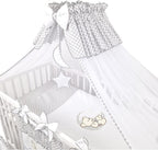 Bello24 - 16 Teiliges Babybett Kinderbett und Bettwäsche komplett Set Happy Leo inkl. Matratze höhenverstellbar für Neugeborene Babys und Kleinkinder aus Massivholz (Grau - Teddybär Mond)