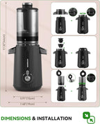 ACOQOOS Entsafter, Entsafter Gemüse und Obst with 110MM Einfüllffnung, Leicht zu Reinigen Slow Juicer Machine with 2 Cups Schwarz