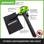 Greenworks 48V(2x24V) Akku Laubsauger / Laubblser mit Schultergurt, bürstenloser Motor, 322 km/h, 9 m/min, 45L Fangsack, zwei 4Ah Batterien & Ladegert, 3 Jahre Garantie GD24X2BVK4X