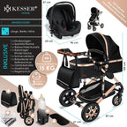 KESSER Loops 3 in 1 Kinderwagen Kombikinderwagen Komplett-Set inkl. Babywanne & Buggy Sportsitz & Auto-Babyschale Voll-Gummireifen Wickeltasche Regenschutz Kindertisch ECE R129, Schwarz/Champagne