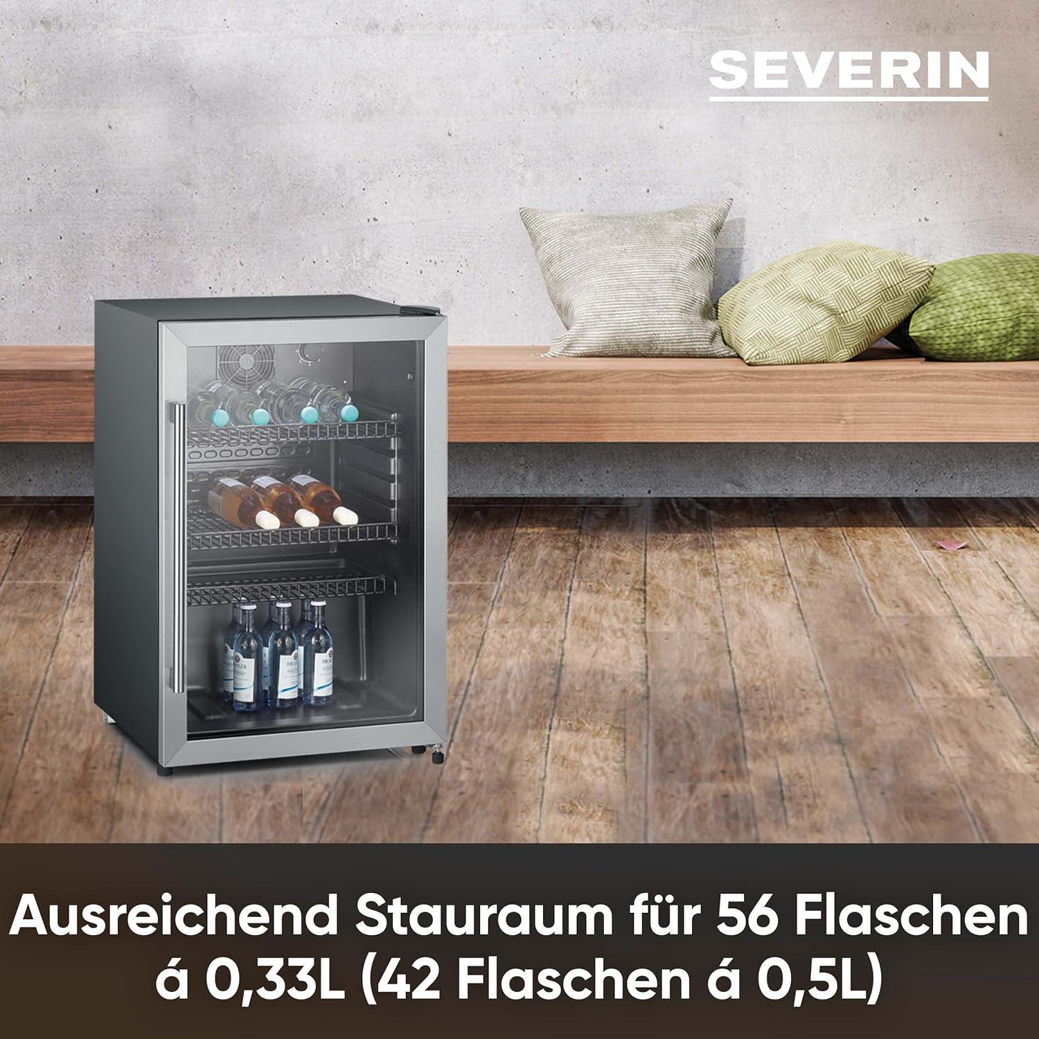 SEVERIN Flaschenkühlschrank, mit integriertem Schloss und integrierter LED-Beleuchtung, 118 L Nutzinhalt, schwarz/silber, FSK 8840