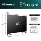 Hisense 43E6NT 108cm (43 Zoll) Fernseher, 4K UHD Smart TV, Precision Colour, HDR, Dolby Vision, 60Hz, Triple Tuner DVB-C/S/S2/T/T2, WiFi, HDMI 2.1, Bluetooth, Alexa Built-in, Schwarz, [2024]