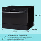 Klarstein ia 8 - Spülmaschine, Geschirrspüler, Freistehend, Teilintegriert, F, 55 cm breit, 8 Maßgedecke, 6 Programme, Aquastop, silber
