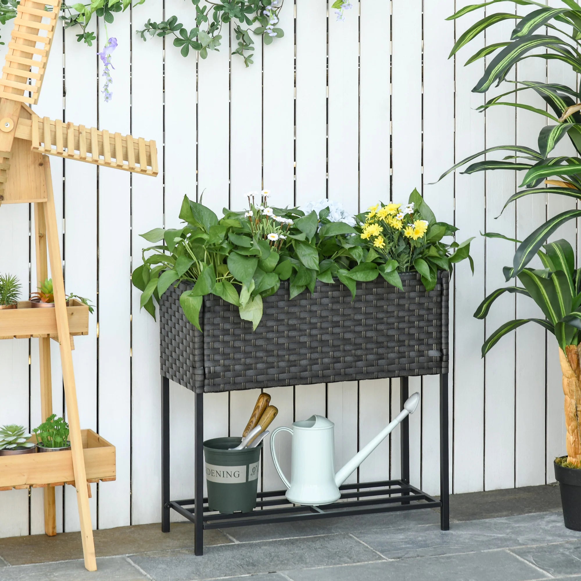 Outsunny Hochbeet Pflanzkübel rückenschonend mit Ablage Poly-Rattan