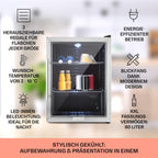 Klarstein Mini Kühlschrank mit Glastür für Zimmer, Getrnkekühlschrank mit Verstellbaren Ablagen, Kleiner 80 Liter, Indoor/Outdoor Kühlschrank Leise