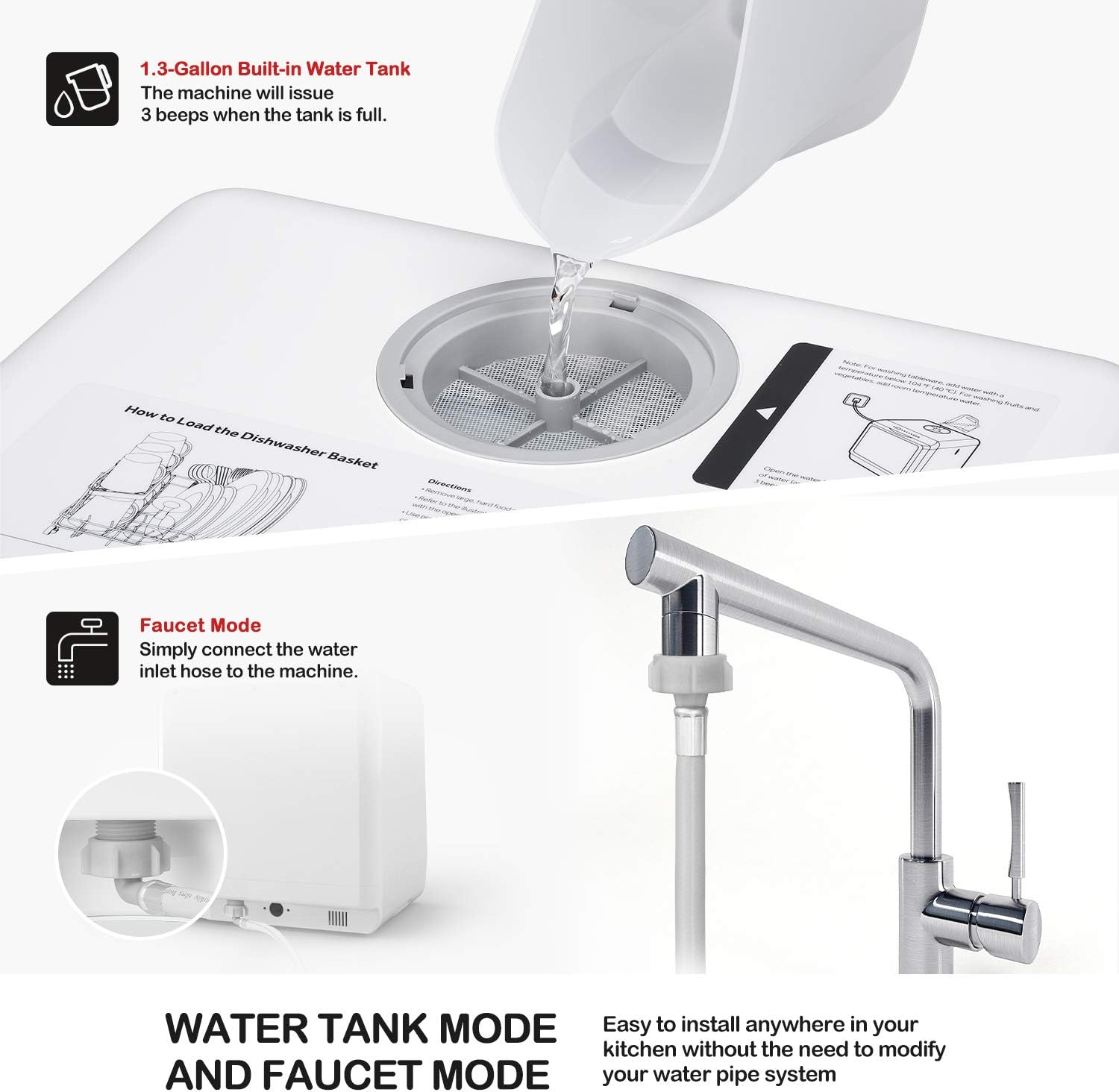 Tragbarer Tischgeschirrspüler, Kompaktgeschirrspüler mit 5 l integriertem Wassertank und Zulaufschlauch, 5 Spülprogrammen, Babypflege, Lufttrocknungsfunktion und LED-Licht für kleine Wohnungen