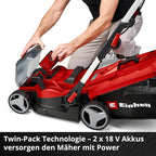 Einhell Akku-Rasenmäher RASARRO 36/42 Kit Power X-Change (36V, 42 cm Schnittbreite, bis 725 m², Brushless, 50L Fangkorb, Mulchfunktion, inkl. 2x 5,2Ah + 1x Twincharger)