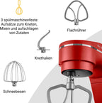 KLAMER Küchenmaschine 1800W, Knetmaschine mit 6 Liter Edelstahl Schüssel, 10 Geschwindigkeitsstufen mit Timer, Rührbesen, Knethaken, Schneebesen und Spritzschutz