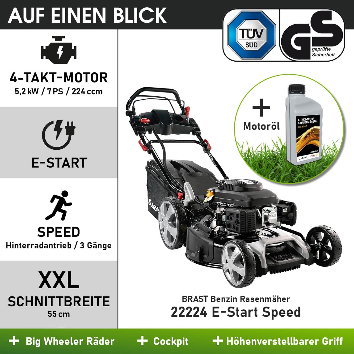 BRAST Benzin Rasenmäher mit Antrieb | 5,2kW (7PS) | 55cm Schnittbreite | viele Modelle | TÜV | 30-80mm Schnitthöhe | 60L Fangkorb | 4 Takt OHV Motor | Stahlgehäuse | Power