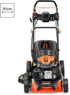 FUXTEC 4in1 Benzin Rasenmäher FX-RM5196eSPRO mit E-Start und regulierbarem Selbstantrieb, Gartenmäher inkl. Frontstoßstange, 51 cm Schnittbreite, kugelgelagerte Big Wheel Räder, 60L Grasfangkorb
