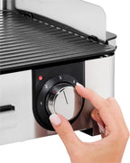 WMF Lono Master-Grill, Elektrogrill, 50x28 cm, Elektrogrill Tischgrill mit Windschutz und Auffangschale, Outdoorzertifiziert für Barbecue, 2 getrennt regulierbare Grillflächen, 2400 W, edelstahl matt