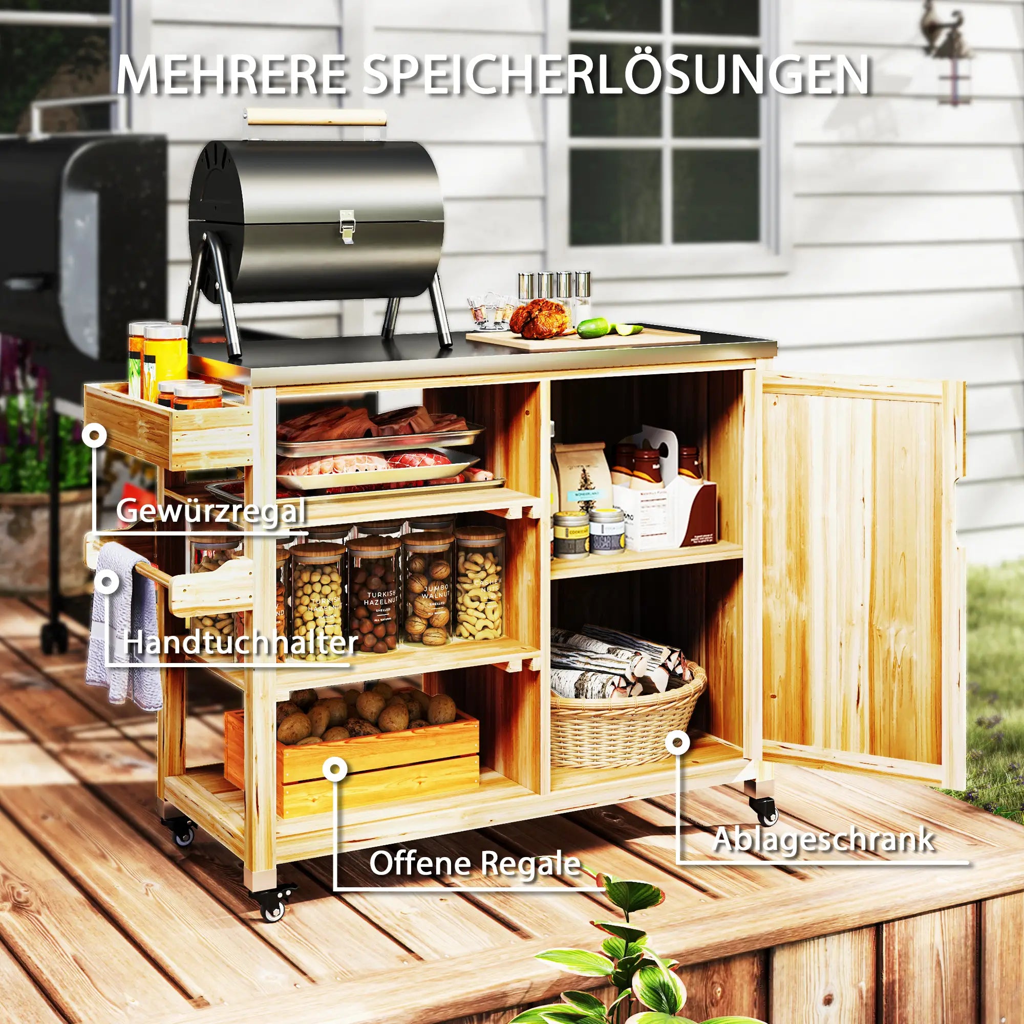 Outsunny Grillwagen Outdoor Kücheninsel mit Rollen Massivholz
