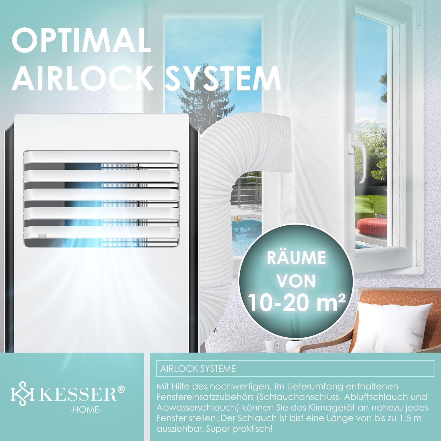 KESSER® Klimaanlage Mobiles Klimagerät 4in1 kühlen | Luftentfeuchter lüften | Ventilator 9000 BTU/h 1005W | Mobil Klima mit Montagematerial, Fernbedienung & Timer | Nachtmodus & 360° Rollen