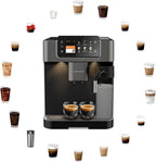 GRUNDIG KVA 7230 Kaffeevollautomat, Kaffeemaschine, 10 Kaffeespezialitäten, 13 Mahlgrade, Milchbehälter, leistungsstark 1350 W, 19 Bar Pumpendruck, Zweifachdüse, Beleuchtung, Schwarz/Dunkelsilber