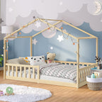 Bellabino Kinderbett Bia 140x200 cm, Hausbett Kinder inkl. Rausfallschutz und Rolllattenrost, Montessori Bodenbett weiß aus Massivholz Kiefer