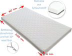 Bello24 - 16 Teiliges Babybett Kinderbett und Bettwäsche komplett Set Happy Leo inkl. Matratze höhenverstellbar für Neugeborene Babys und Kleinkinder aus Massivholz (Grau - Teddybär Mond)
