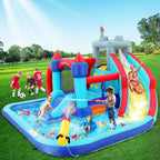 Aufblasbare Wasserrutschen für Kinder, 8-in-1-Hüpfburg-Wasserpark mit 450-W-Gebläse, Kletterwand, Planschbecken, 2 Wasserkanonen, Basketballkorb, Wasserrutsche, Krokodilsprinkler als Geschenk für eine Gartenparty