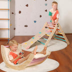 Dreieck-Set mit Kissen, 5-in-1 Montessori-Kletterset, faltbar, Kletter-Indoor-Spielplatz-Set für Kleinkinder, Holz-Kletterspielzeug mit Rampe und Kletterbogen für Kinder (Holzfarbe)