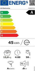 LG F4WV7080, Klasse A, Frontlader-Waschmaschine 8 kg, 1400 U/Min, AI Direct Drive, Wi-Fi, Tiefenreinigung mit Dampf, Große Kapazität, TRIPLE A, Außentür aus Sicherheitsglas, 62 x 60 x 85 cm ꟷ Weiß