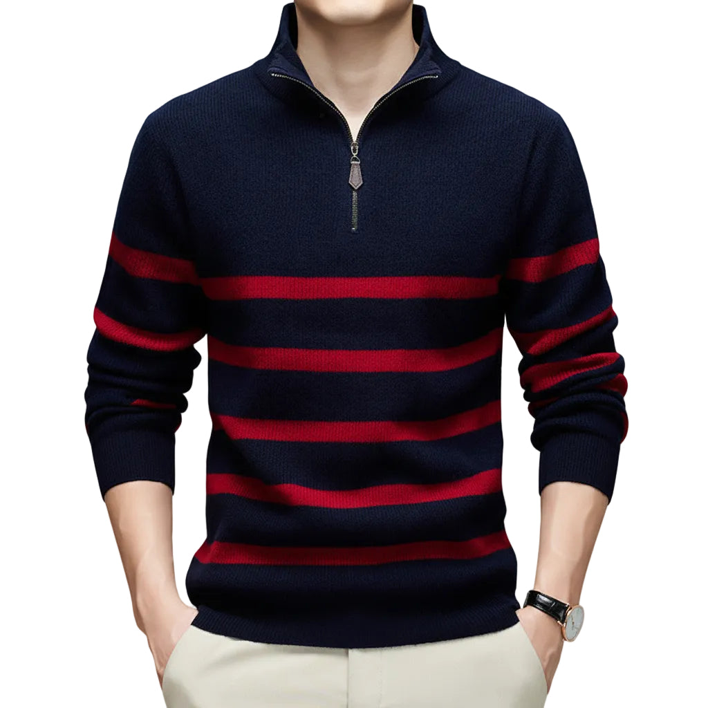 Detailansicht gestreifter Herren Sweater mit Rundhals